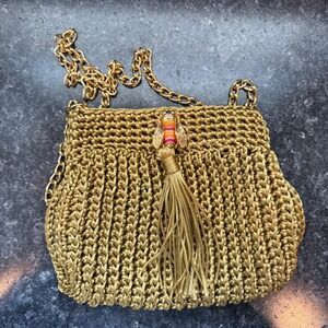 Crochet Knit Gold Purse with Gold Shoulder Chain Multicolor Bee & Fringe Accent